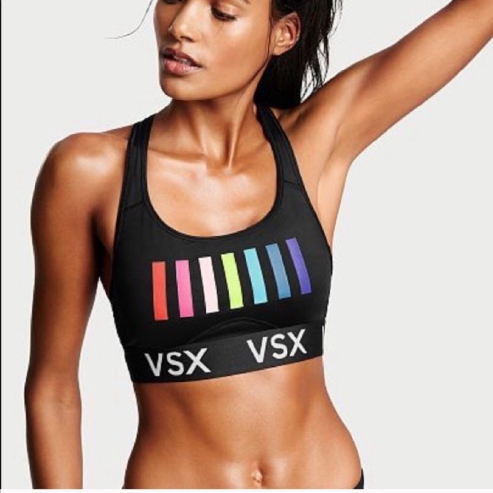 Victorias Secret VSX Rainbow Sports Bra Sz 36D Black Pullover Racer Back Multi